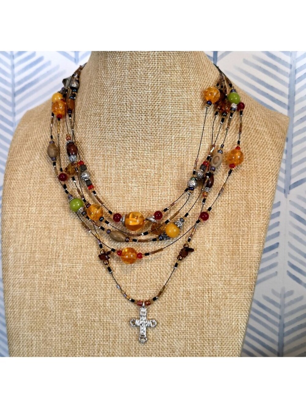 Calypso Studios Colorful Glass Beaded Multi-strand Necklace Cross Pendant